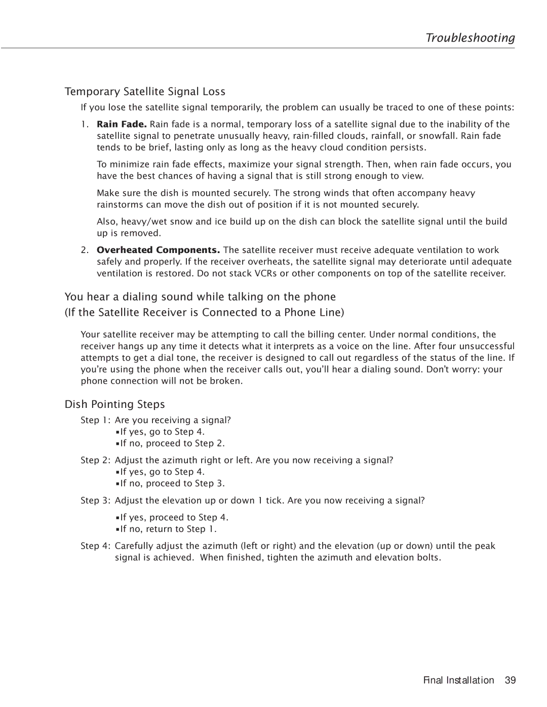 RCA Satellite TV Antenna manual Temporary Satellite Signal Loss, Dish Pointing Steps 