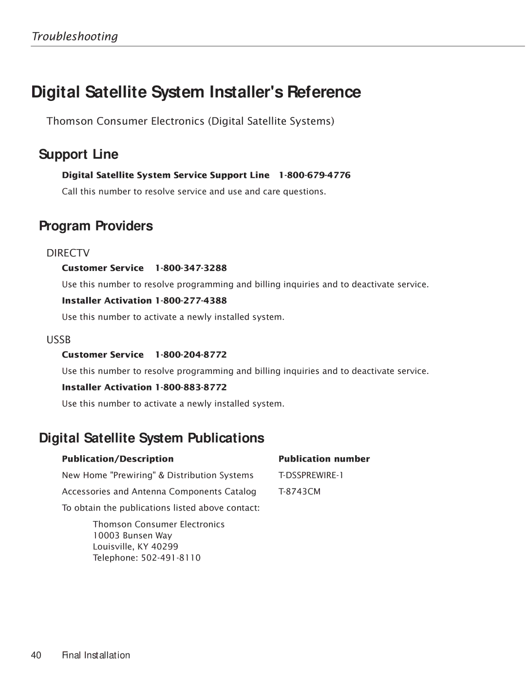 RCA Satellite TV Antenna manual Digital Satellite System Installers Reference, Support Line, Program Providers 