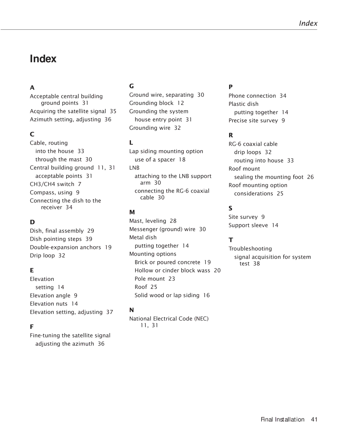 RCA Satellite TV Antenna manual Index 