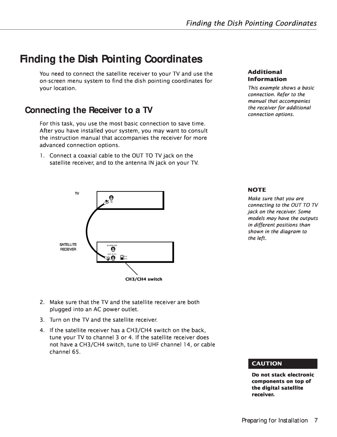 RCA Satellite TV Antenna manual Finding the Dish Pointing Coordinates, Connecting the Receiver to a TV 