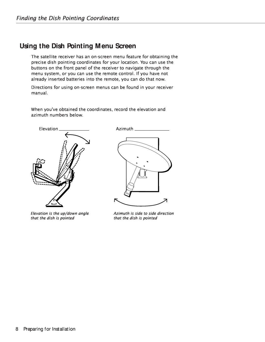 RCA Satellite TV Antenna manual Using the Dish Pointing Menu Screen, Preparing for Installation 