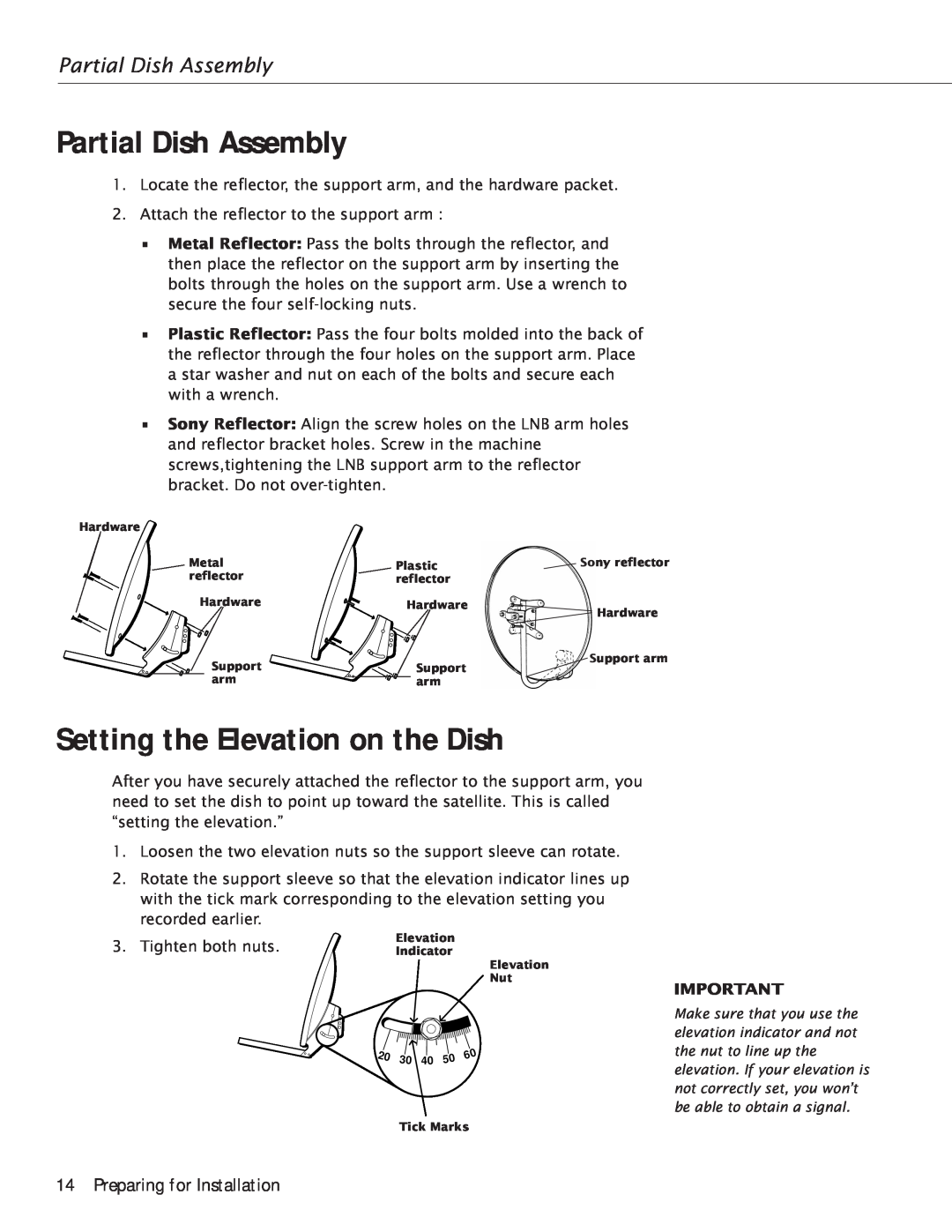 RCA Satellite TV Antenna manual Partial Dish Assembly, Setting the Elevation on the Dish, Preparing for Installation 