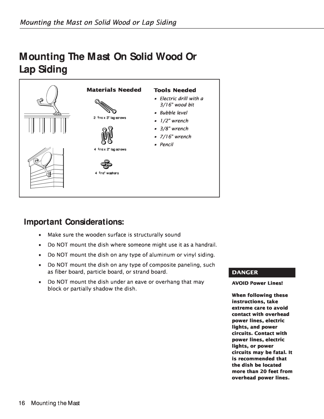 RCA Satellite TV Antenna manual Mounting The Mast On Solid Wood Or Lap Siding, Important Considerations, Mounting the Mast 
