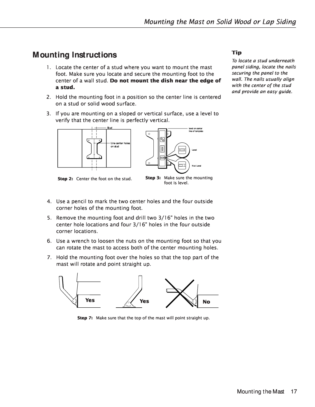 RCA Satellite TV Antenna Mounting Instructions, Mounting the Mast on Solid Wood or Lap Siding, Center the foot on the stud 