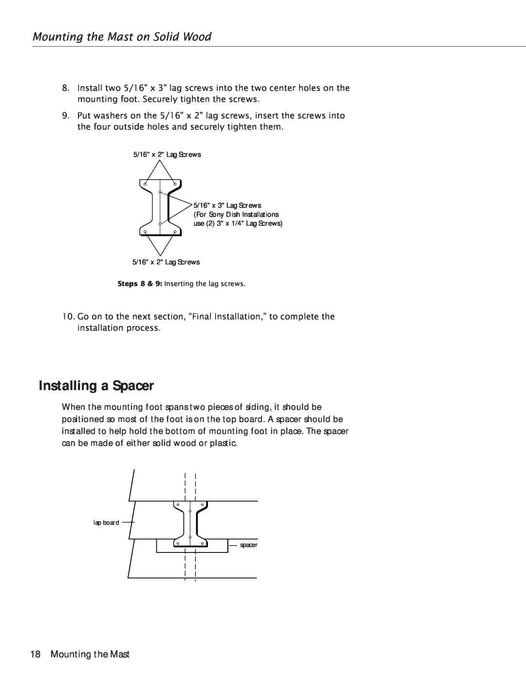 RCA Satellite TV Antenna manual Installing a Spacer, Mounting the Mast on Solid Wood 
