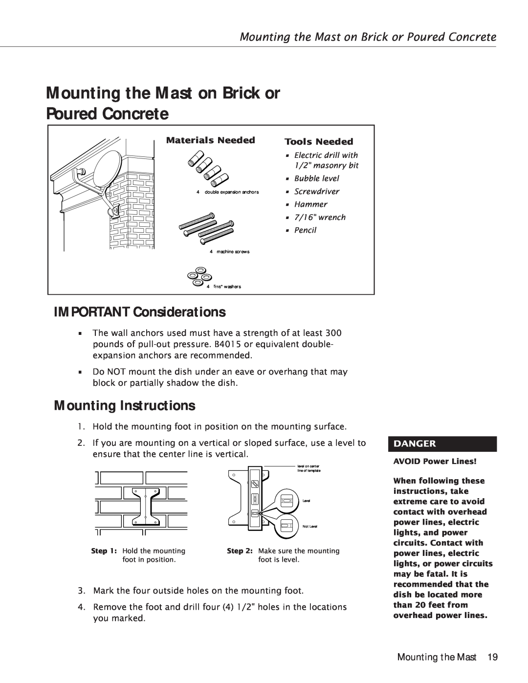RCA Satellite TV Antenna Mounting the Mast on Brick or Poured Concrete, IMPORTANT Considerations, Mounting Instructions 