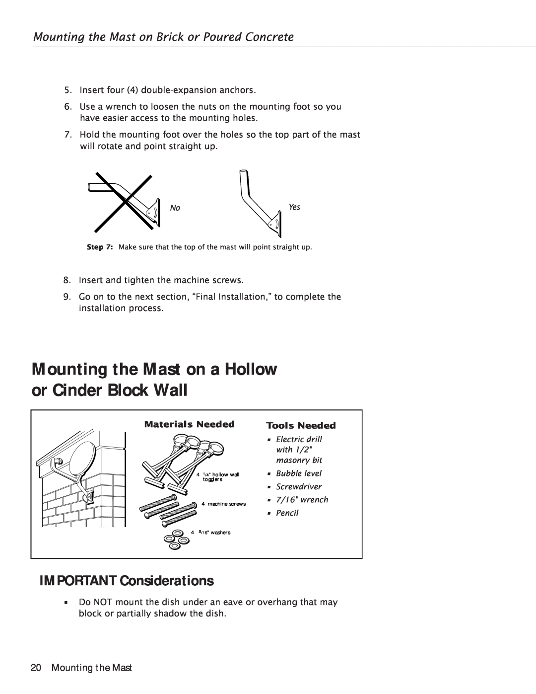 RCA Satellite TV Antenna manual Mounting the Mast on a Hollow or Cinder Block Wall, IMPORTANT Considerations 