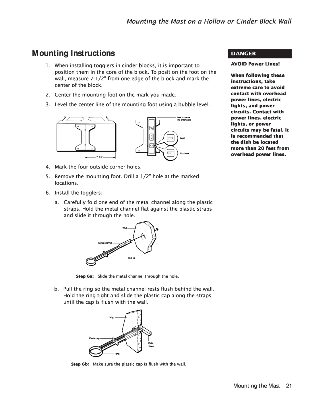 RCA Satellite TV Antenna manual Mounting the Mast on a Hollow or Cinder Block Wall, Mounting Instructions, Danger 