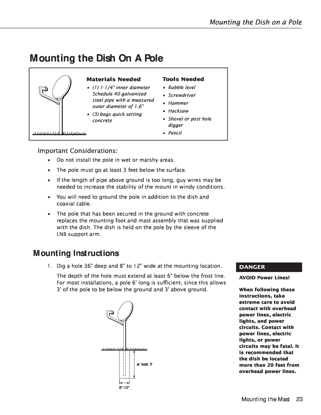 RCA Satellite TV Antenna manual Mounting the Dish On A Pole, Mounting the Dish on a Pole, Important Considerations, Danger 