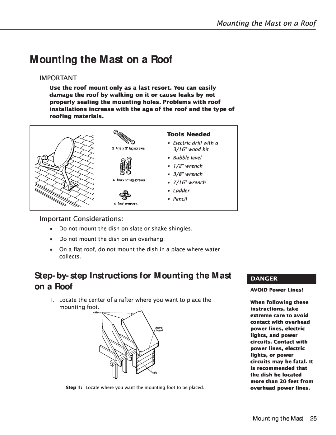 RCA Satellite TV Antenna Step-by-step Instructions for Mounting the Mast on a Roof, Important Considerations, Danger 