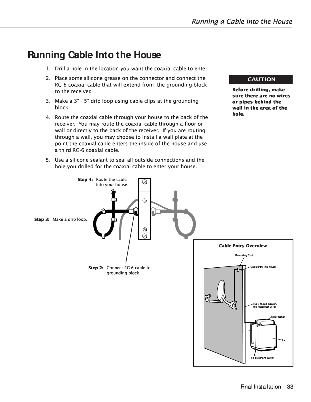RCA Satellite TV Antenna manual Running Cable Into the House, Running a Cable into the House, Final Installation 