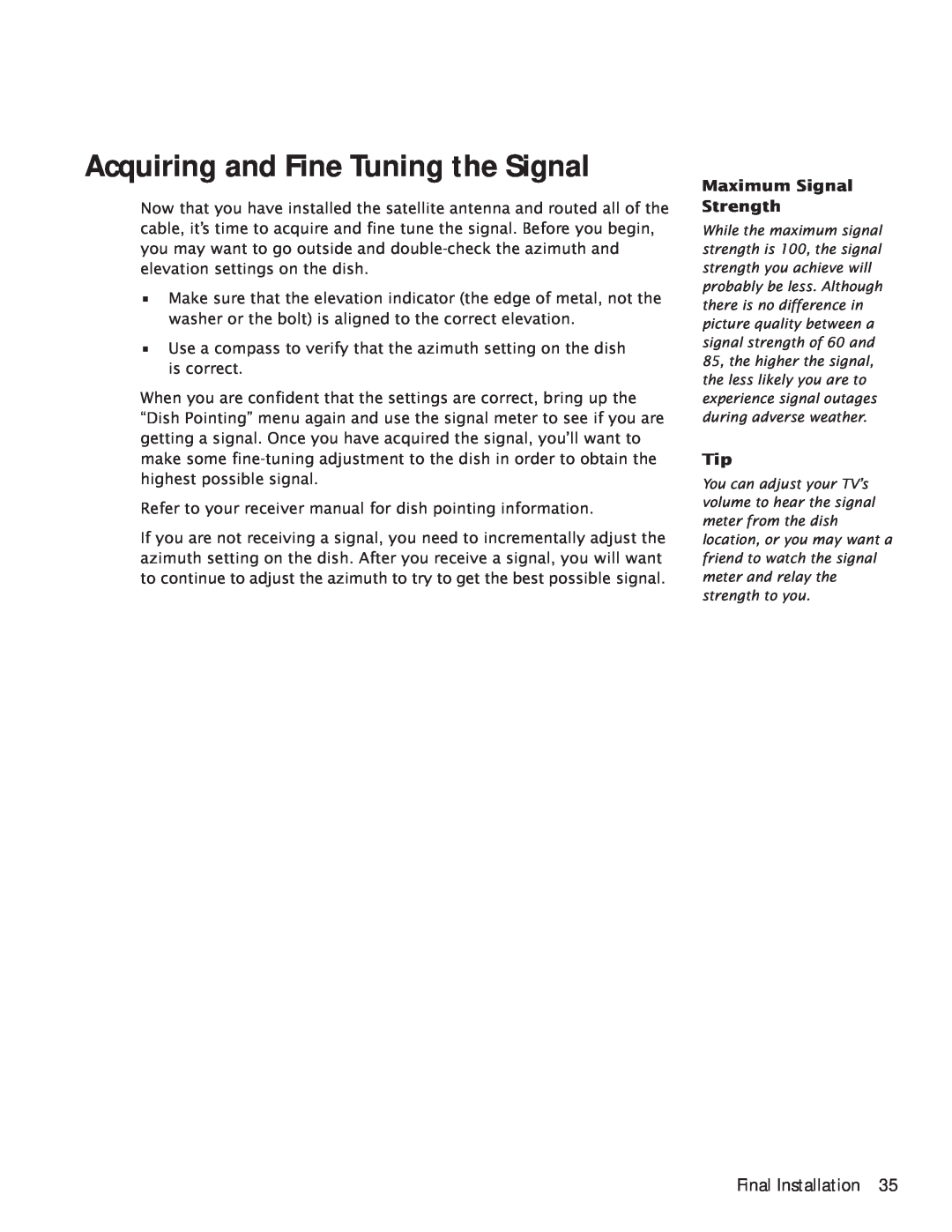 RCA Satellite TV Antenna manual Acquiring and Fine Tuning the Signal, Final Installation 