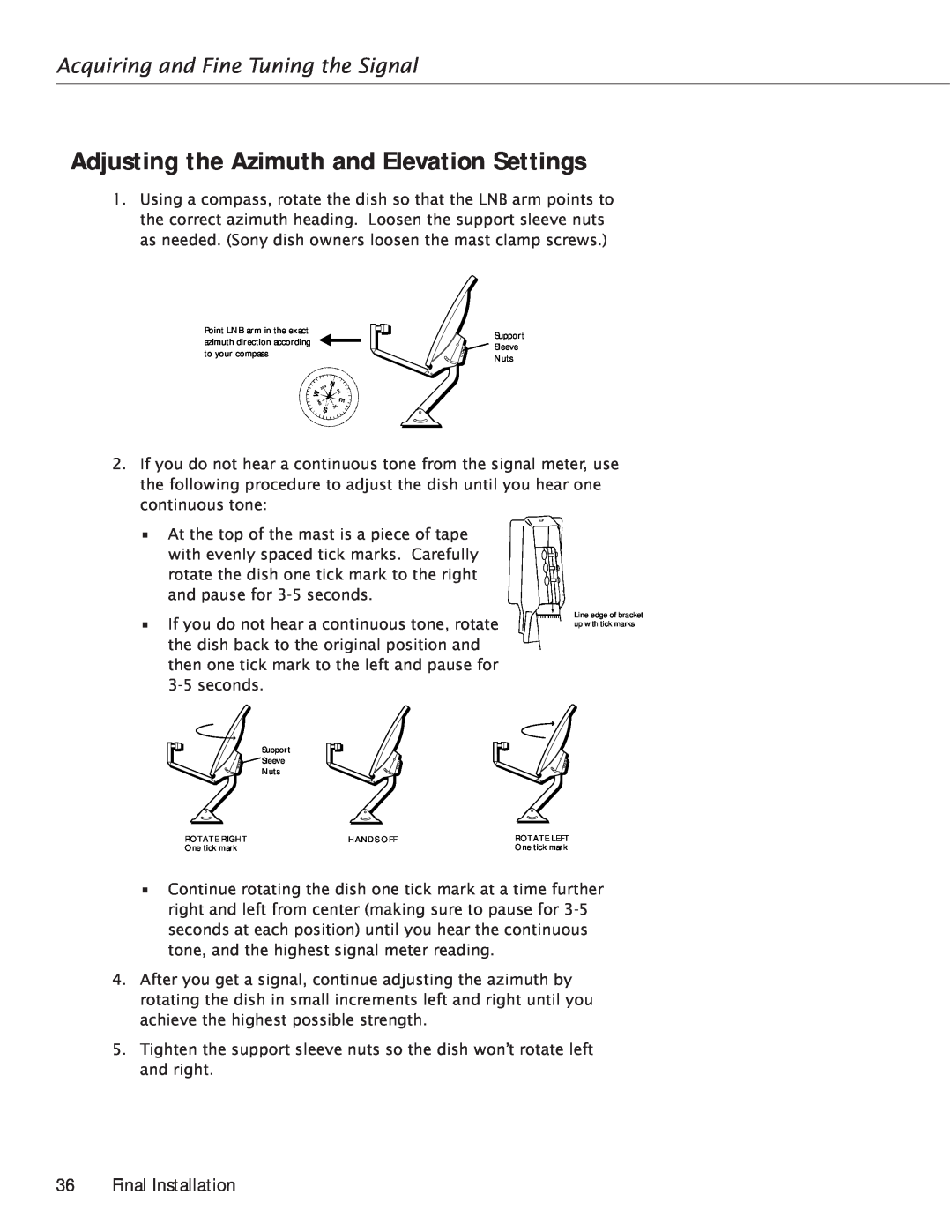 RCA Satellite TV Antenna manual Adjusting the Azimuth and Elevation Settings, Acquiring and Fine Tuning the Signal 