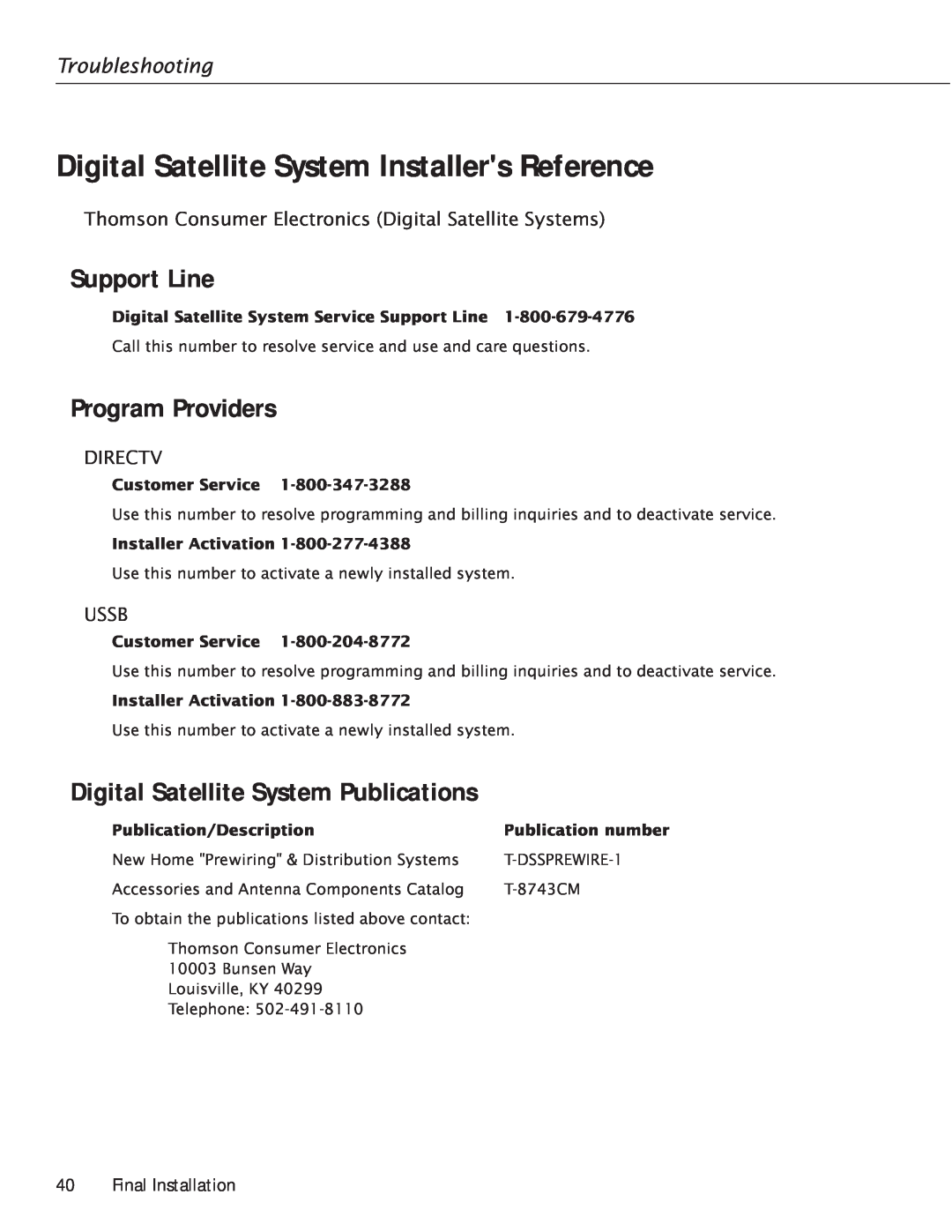 RCA Satellite TV Antenna Digital Satellite System Installers Reference, Support Line, Program Providers, Directv, Ussb 