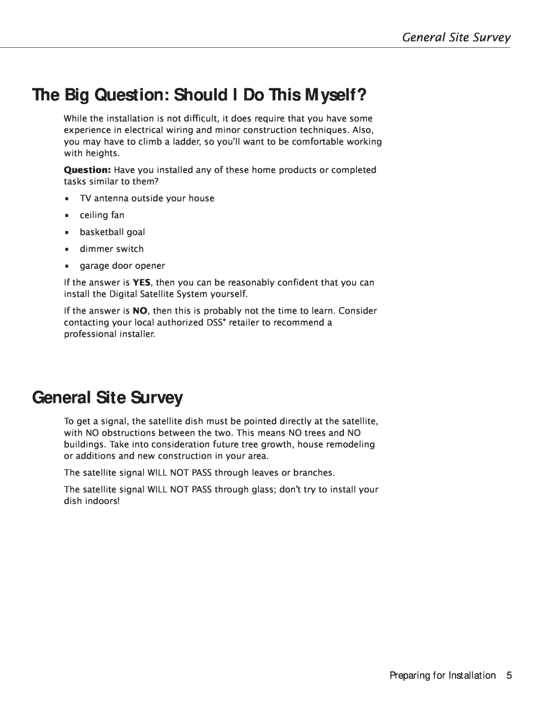 RCA Satellite TV Antenna manual The Big Question Should I Do This Myself?, General Site Survey, Preparing for Installation 