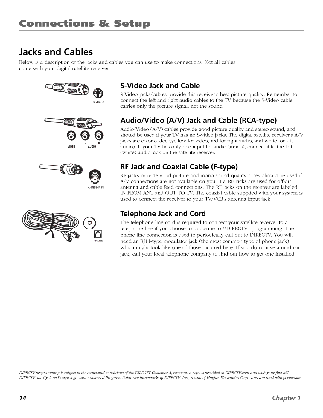 RCA Satellite TV System manual Jacks and Cables, Video Jack and Cable, Audio/Video A/V Jack and Cable RCA-type 