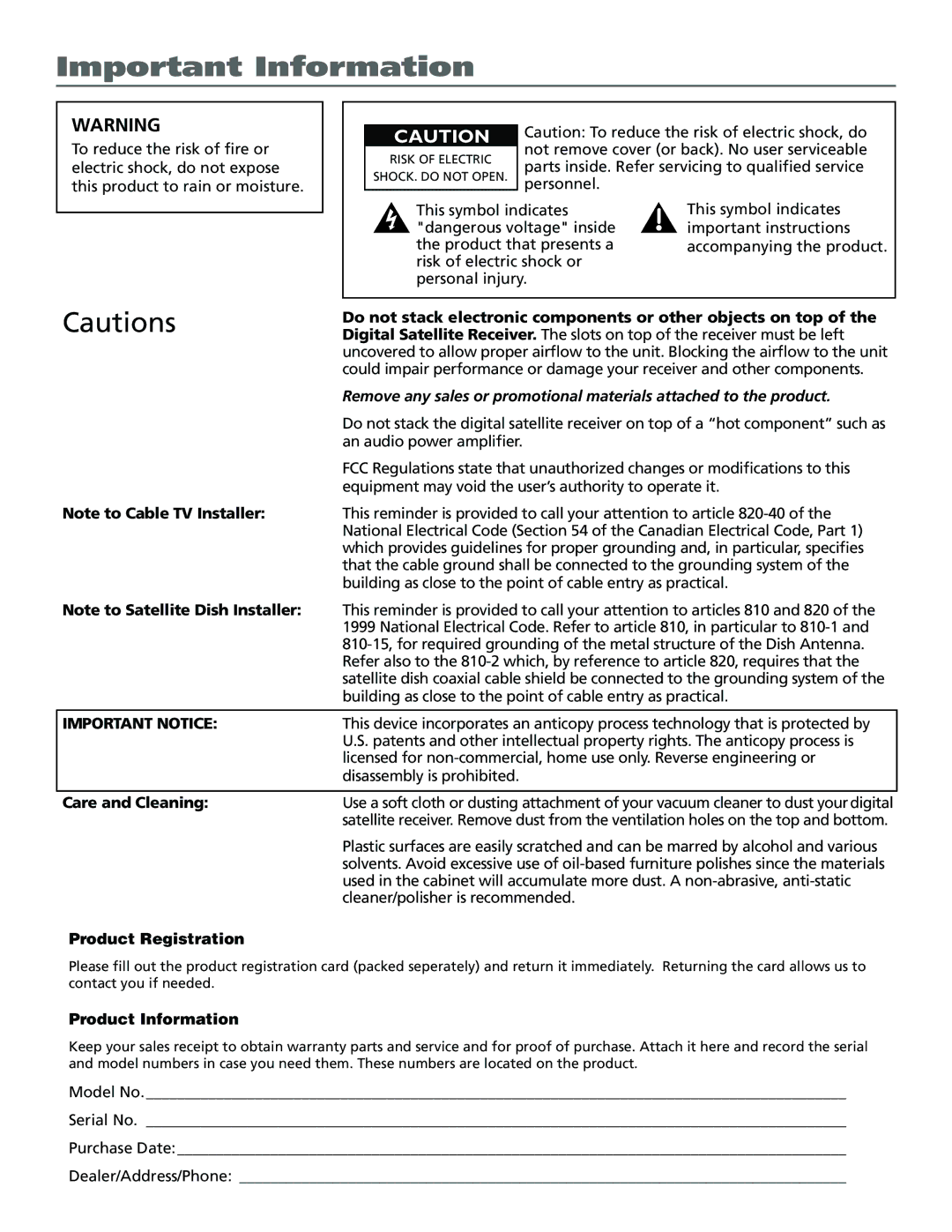 RCA Satellite TV System manual Important Information 