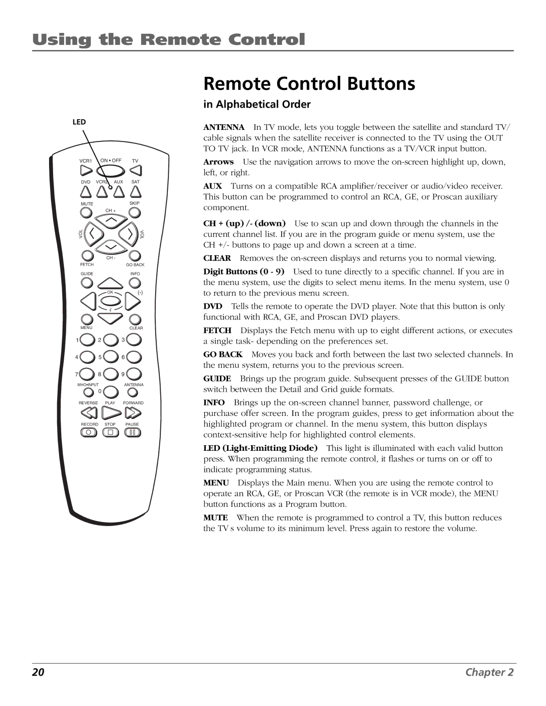 RCA Satellite TV System manual Remote Control Buttons, Alphabetical Order 