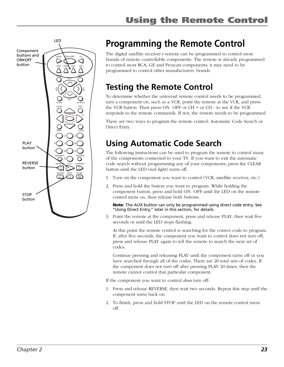 RCA Satellite TV System manual Programming the Remote Control, Testing the Remote Control, Using Automatic Code Search 