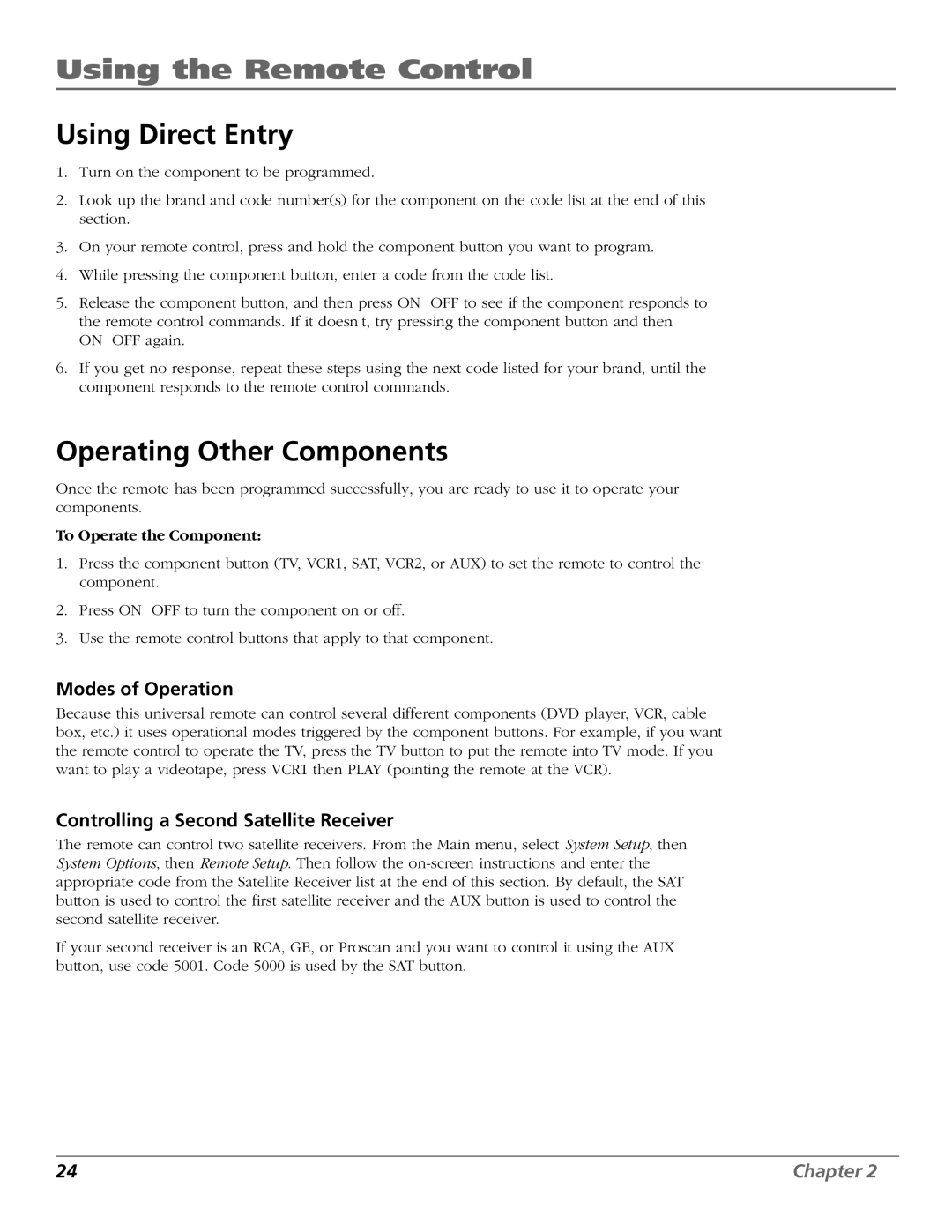 RCA Satellite TV System manual Using Direct Entry, Operating Other Components, Modes of Operation, To Operate the Component 