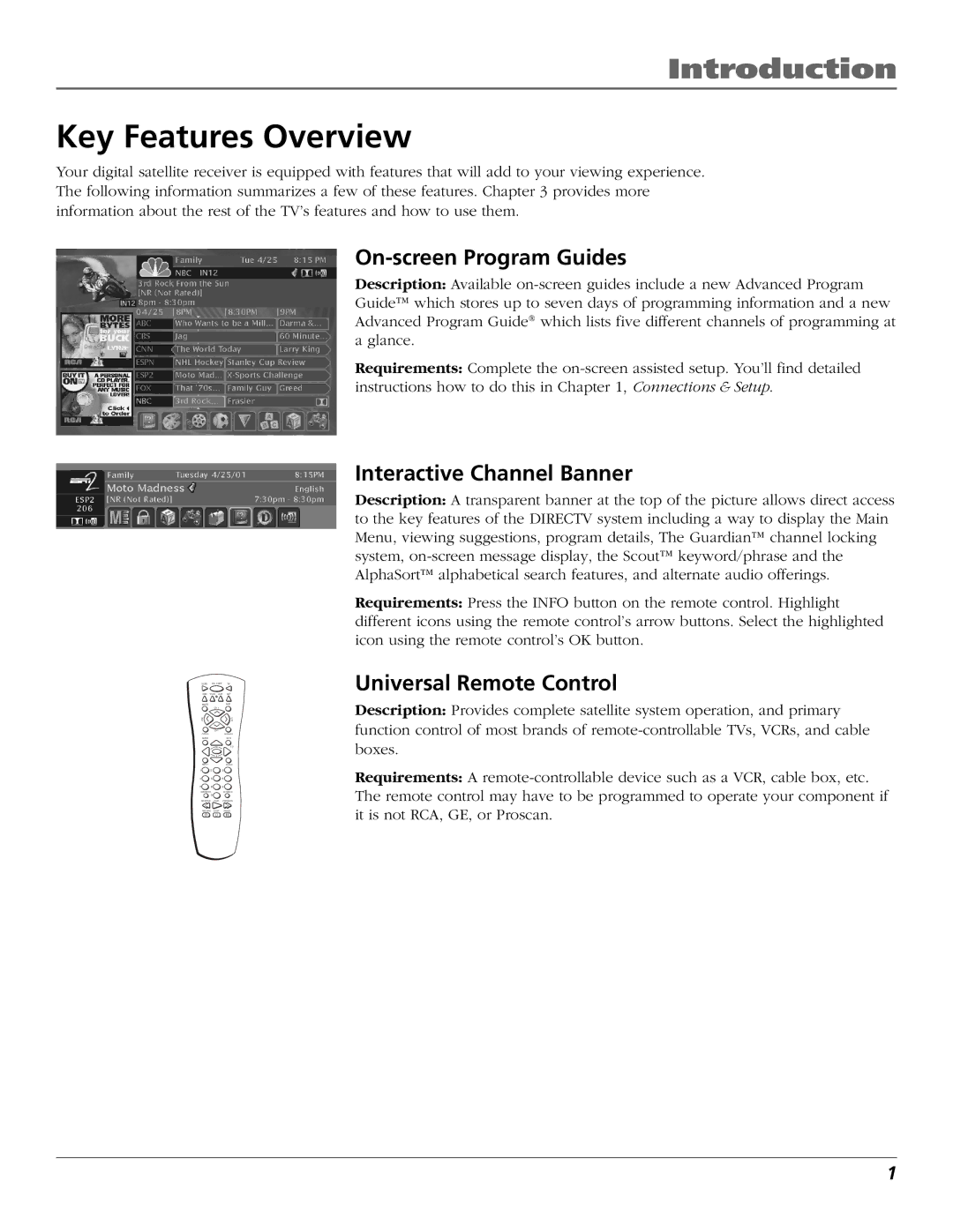 RCA Satellite TV System manual Key Features Overview, On-screen Program Guides, Interactive Channel Banner 