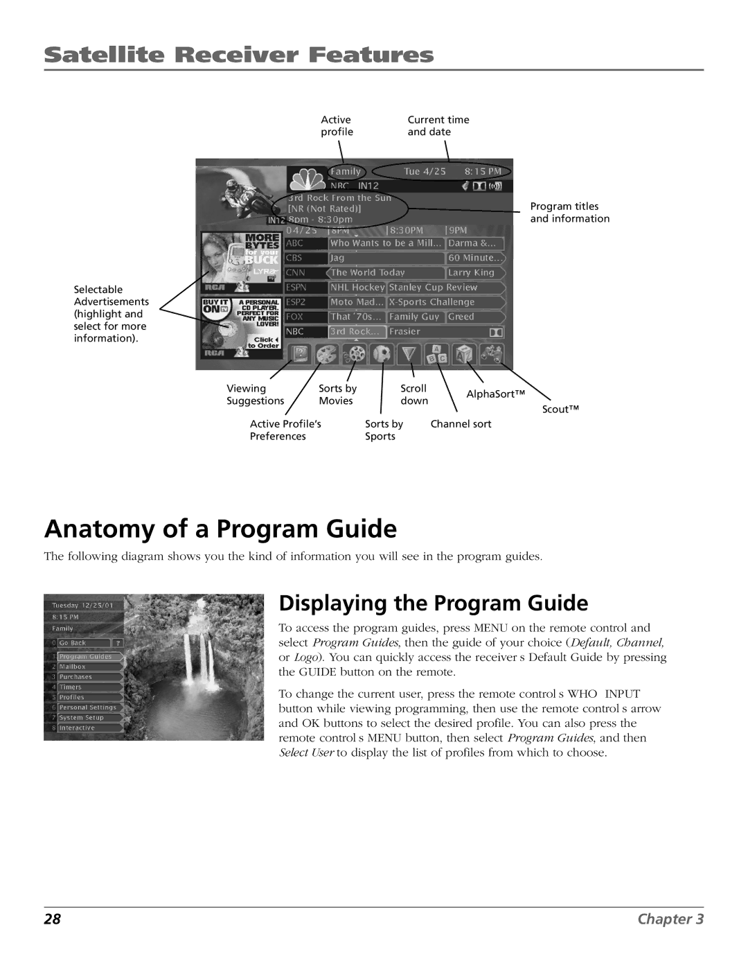 RCA Satellite TV System manual Anatomy of a Program Guide, Displaying the Program Guide 