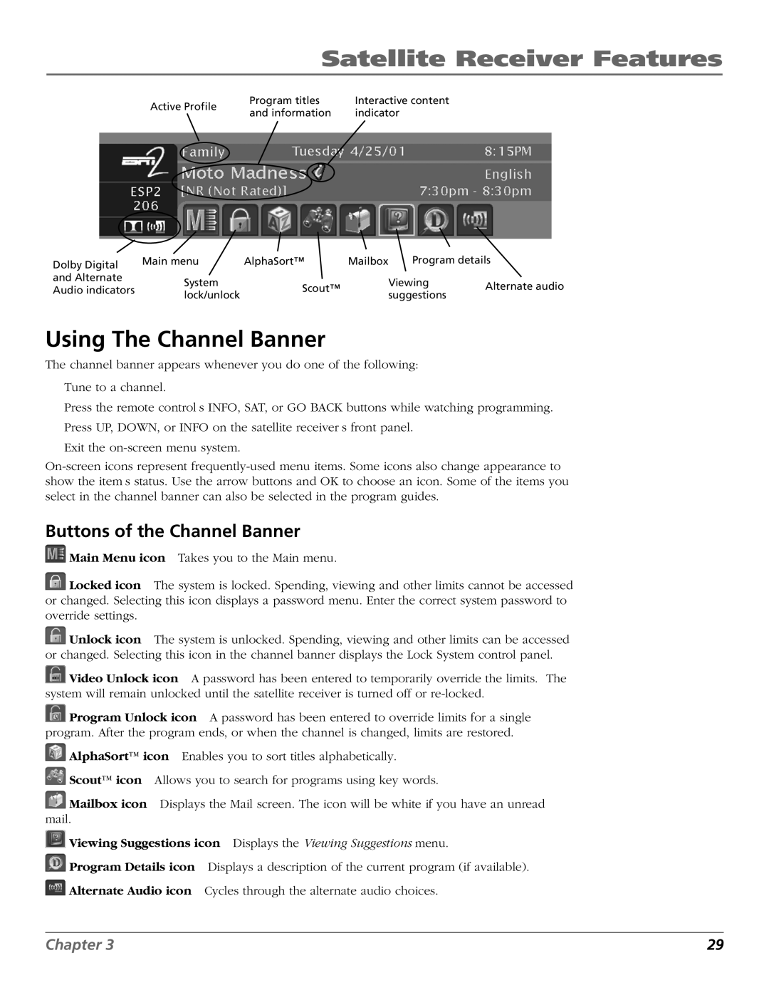 RCA Satellite TV System manual Using The Channel Banner, Buttons of the Channel Banner 