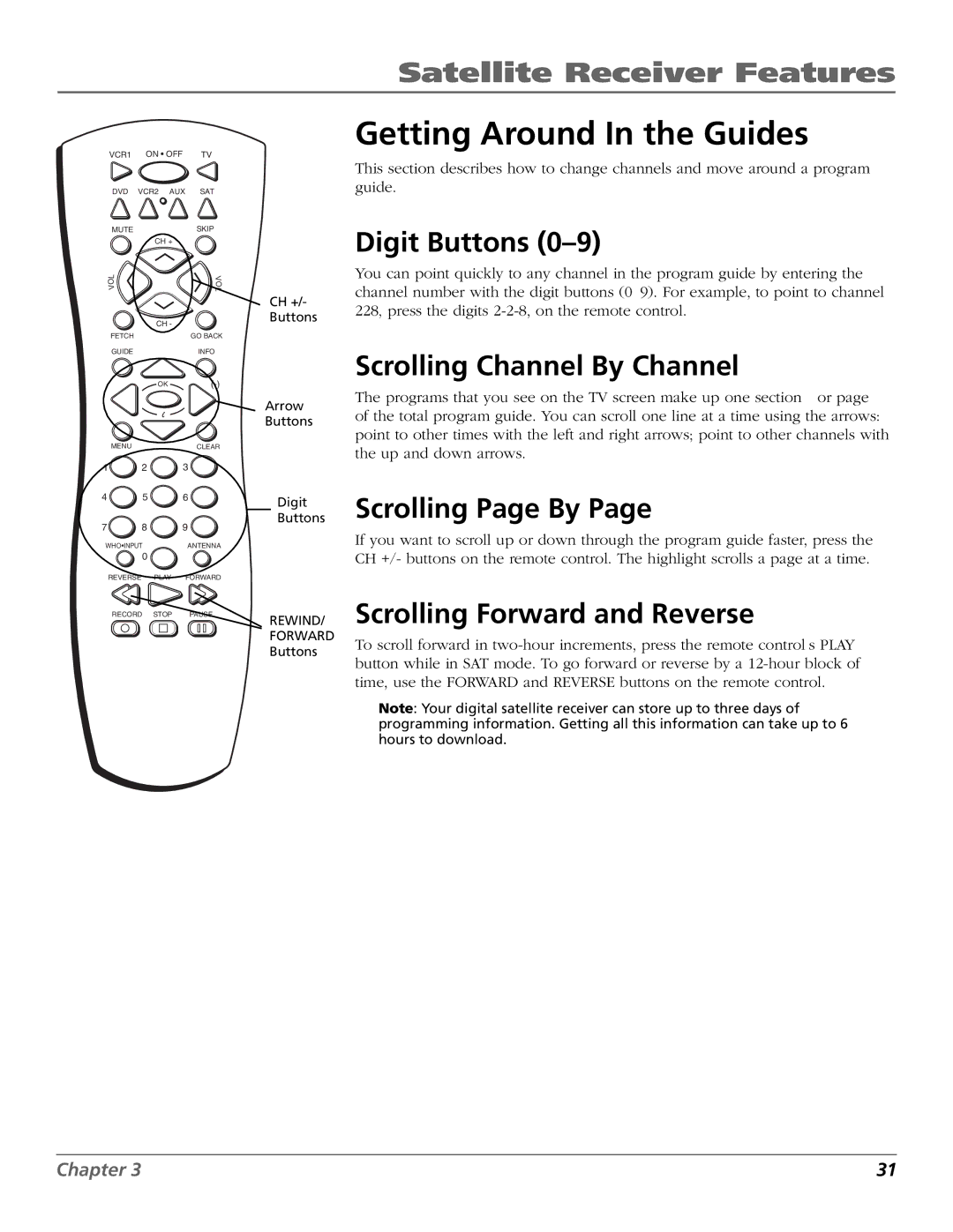 RCA Satellite TV System manual Getting Around In the Guides, Digit Buttons, Scrolling Channel By Channel, Scrolling Page By 