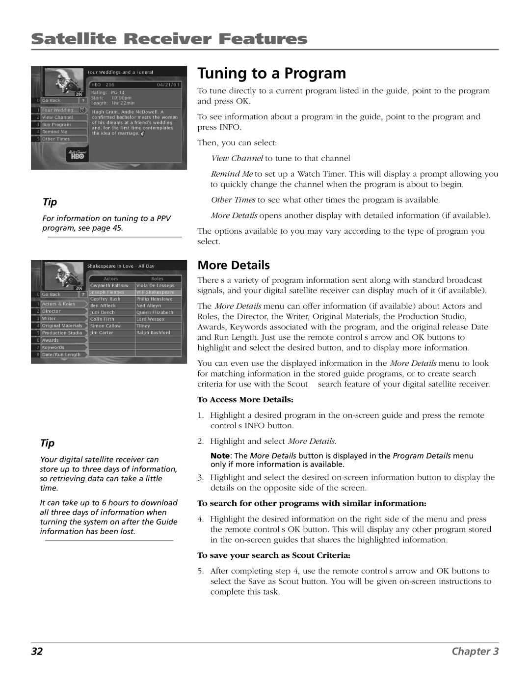 RCA Satellite TV System manual Tuning to a Program, To Access More Details, To save your search as Scout Criteria 