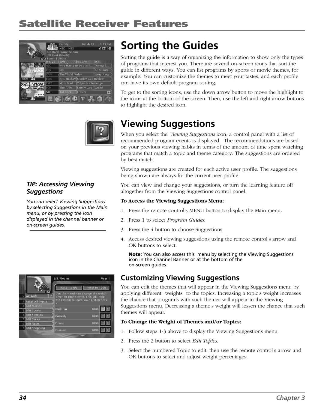 RCA Satellite TV System Sorting the Guides, Customizing Viewing Suggestions, To Access the Viewing Suggestions Menu 