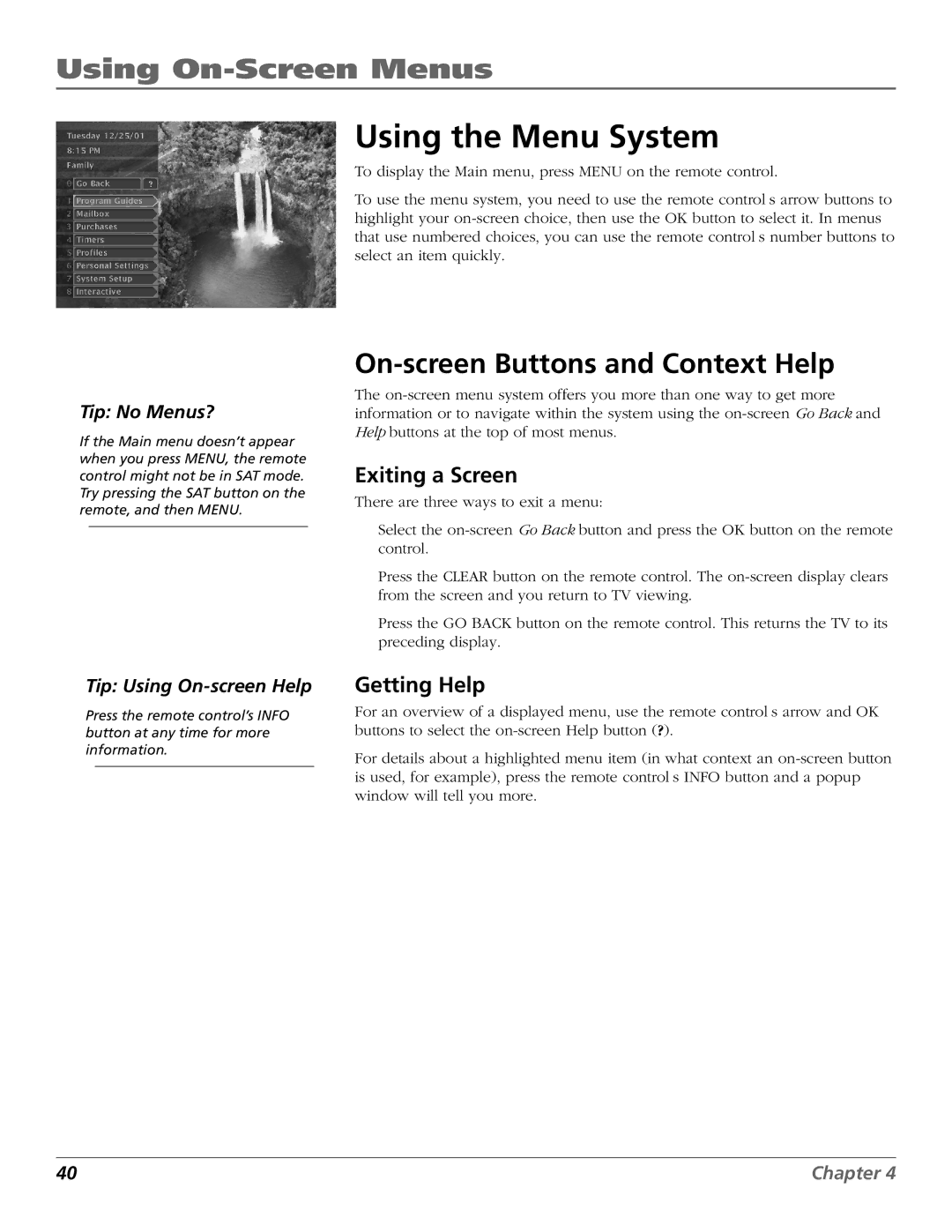 RCA Satellite TV System manual Using the Menu System, On-screen Buttons and Context Help, Exiting a Screen, Getting Help 