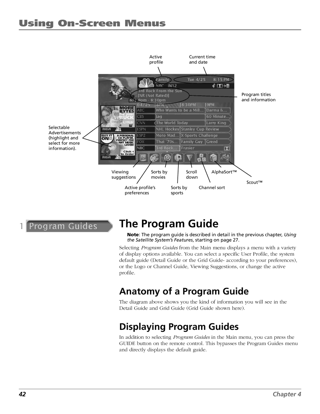 RCA Satellite TV System manual Anatomy of a Program Guide, Displaying Program Guides 