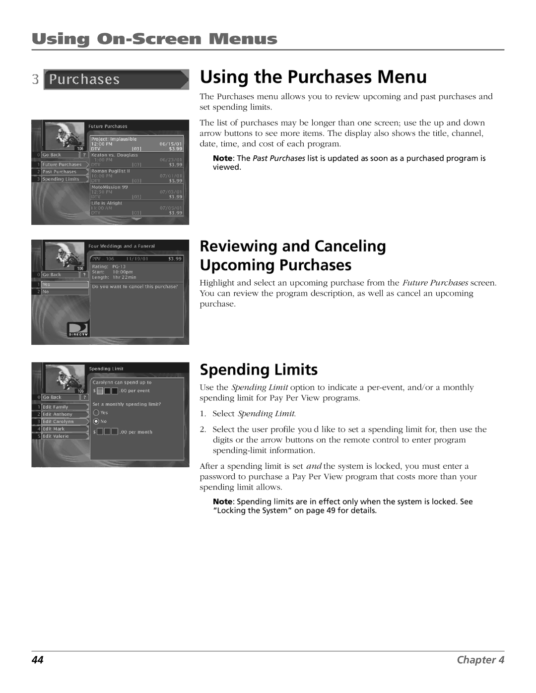 RCA Satellite TV System manual Using the Purchases Menu, Reviewing and Canceling Upcoming Purchases, Spending Limits 