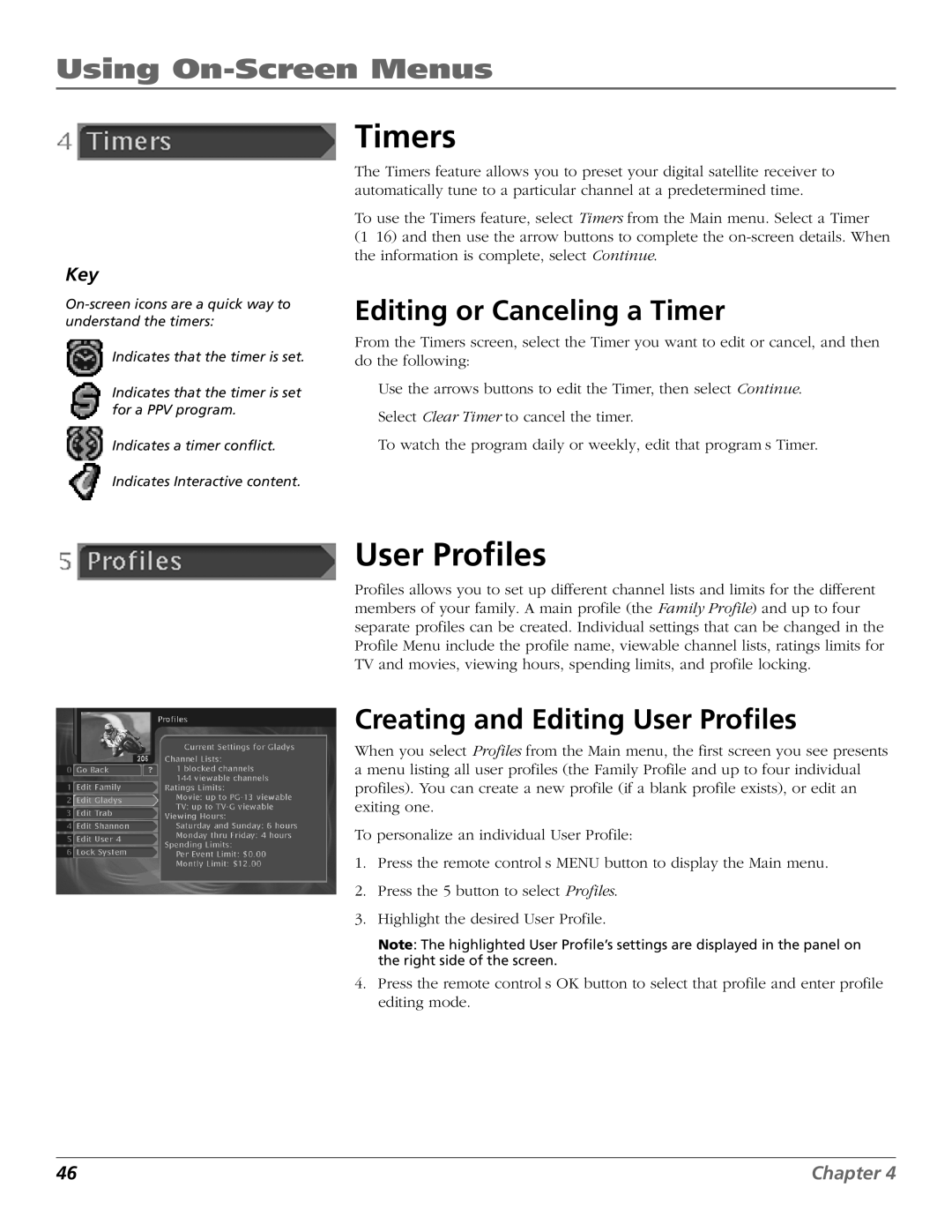 RCA Satellite TV System manual Timers, Editing or Canceling a Timer, Creating and Editing User Profiles 