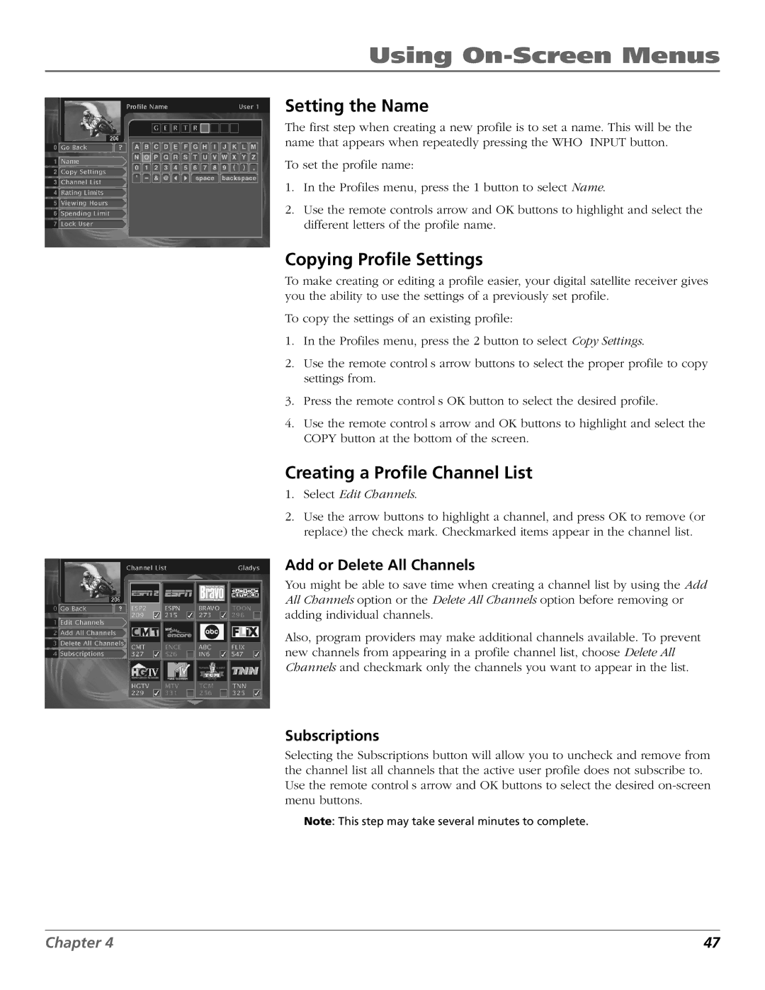 RCA Satellite TV System manual Setting the Name, Copying Profile Settings, Creating a Profile Channel List, Subscriptions 