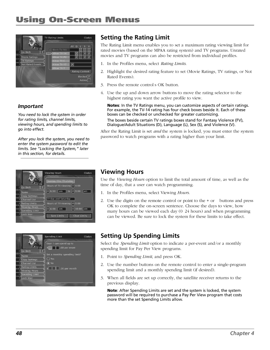 RCA Satellite TV System manual Setting the Rating Limit, Viewing Hours, Setting Up Spending Limits 