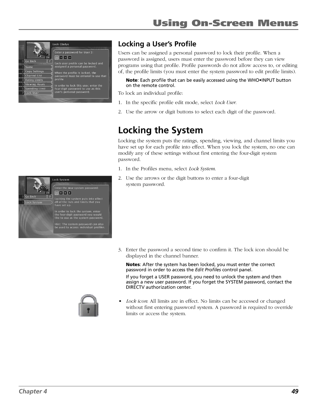 RCA Satellite TV System manual Locking the System, Locking a User’s Profile 