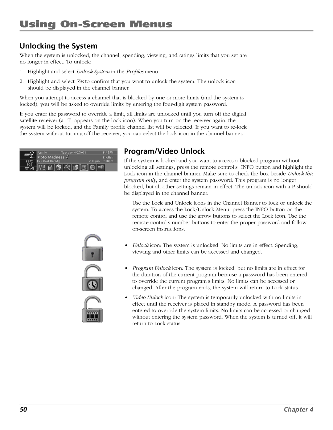 RCA Satellite TV System manual Unlocking the System, Program/Video Unlock 