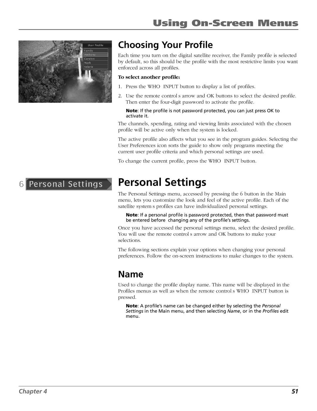 RCA Satellite TV System manual Personal Settings, Choosing Your Profile, Name, To select another profile 