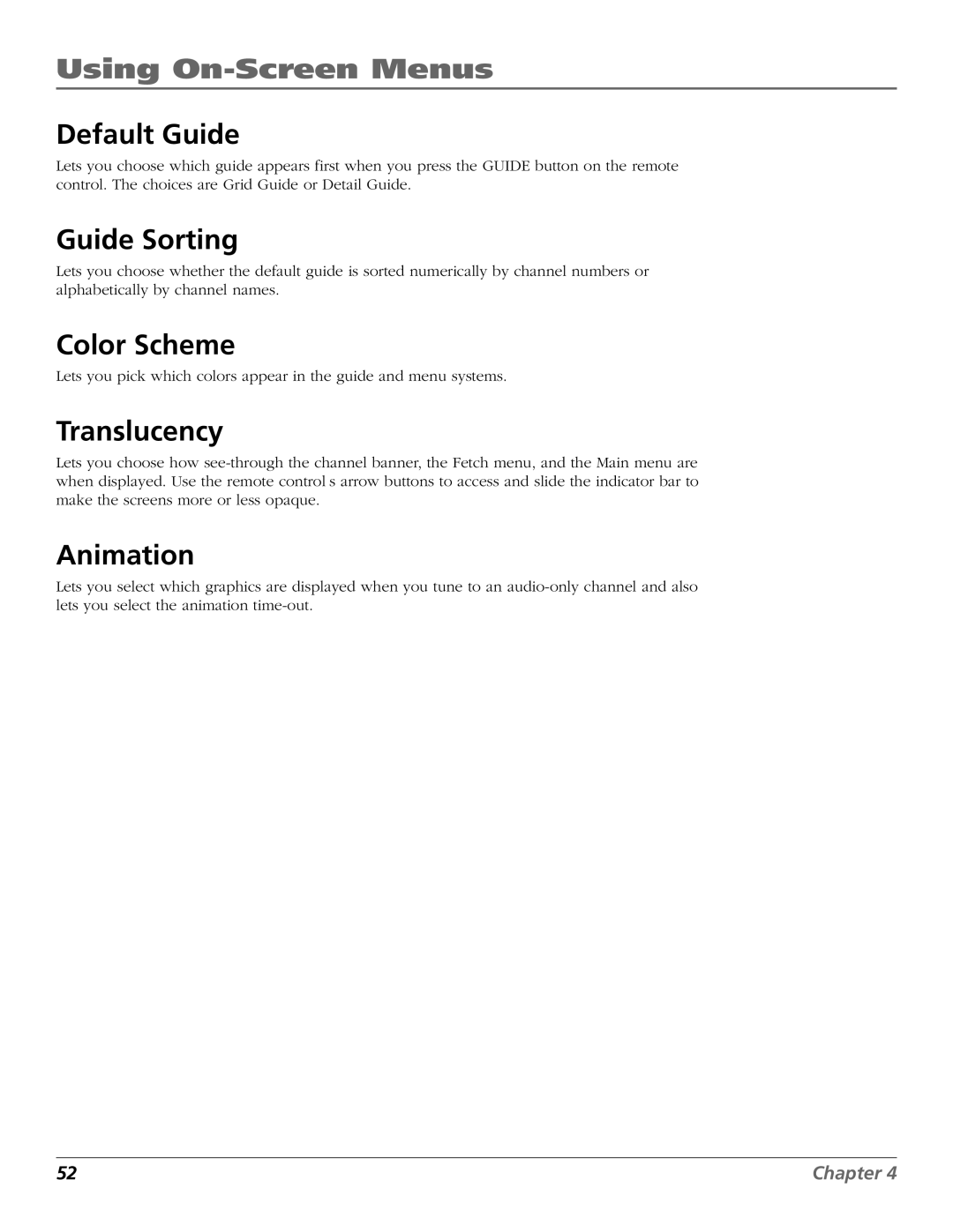 RCA Satellite TV System manual Default Guide, Guide Sorting, Color Scheme, Translucency, Animation 