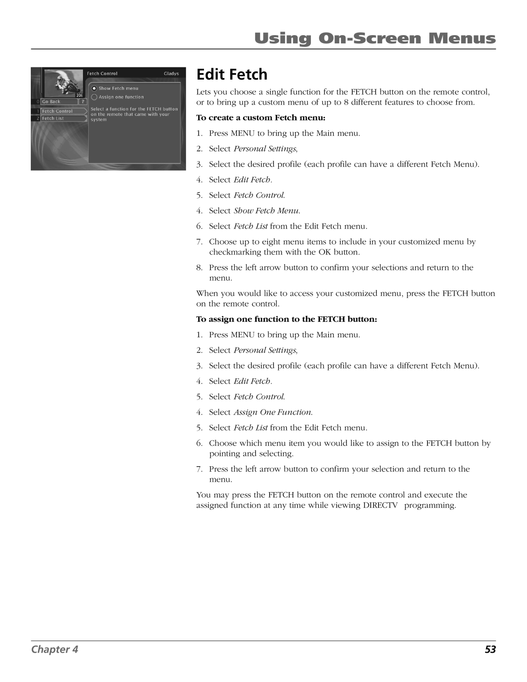 RCA Satellite TV System manual Edit Fetch, To create a custom Fetch menu, To assign one function to the Fetch button 