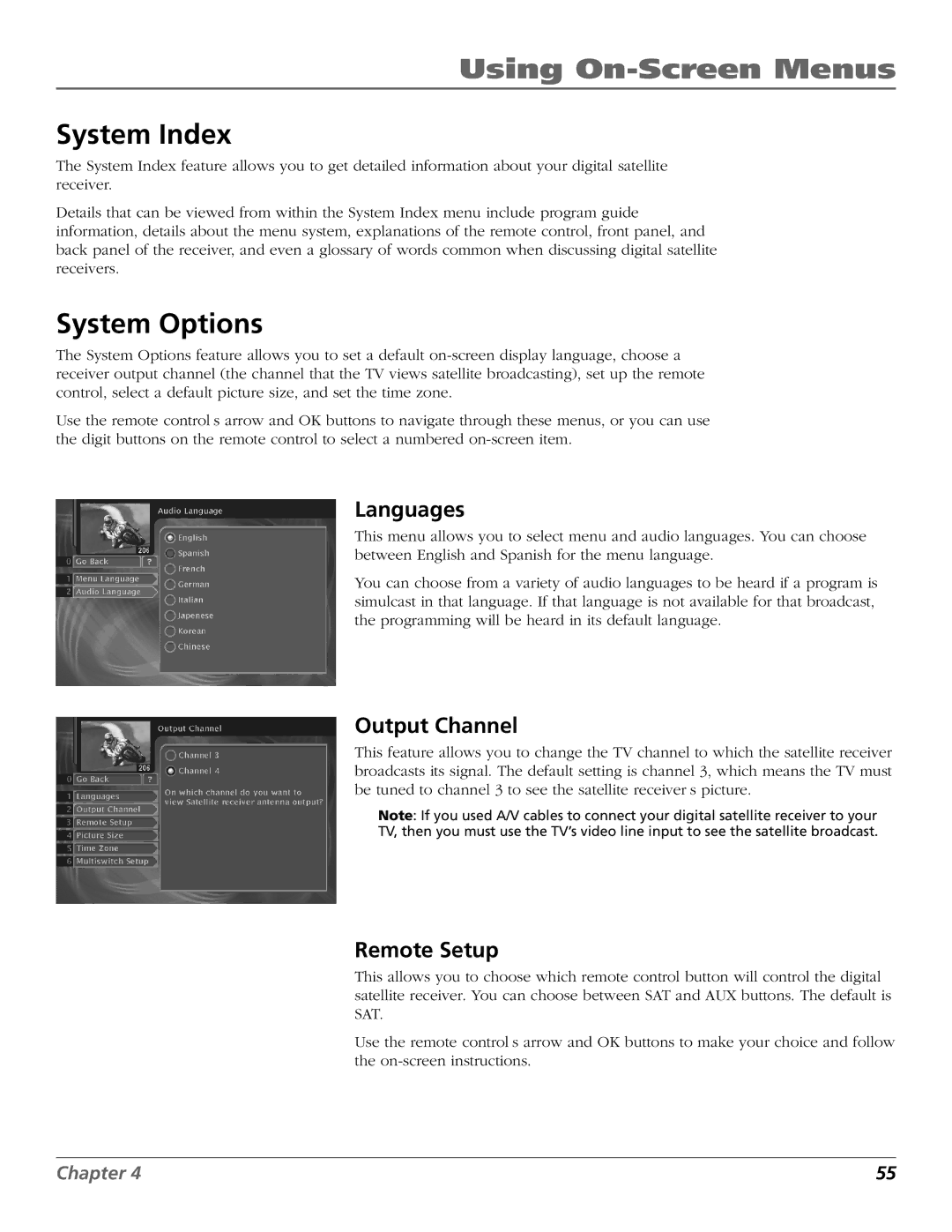 RCA Satellite TV System manual System Index, System Options, Languages, Output Channel, Remote Setup 