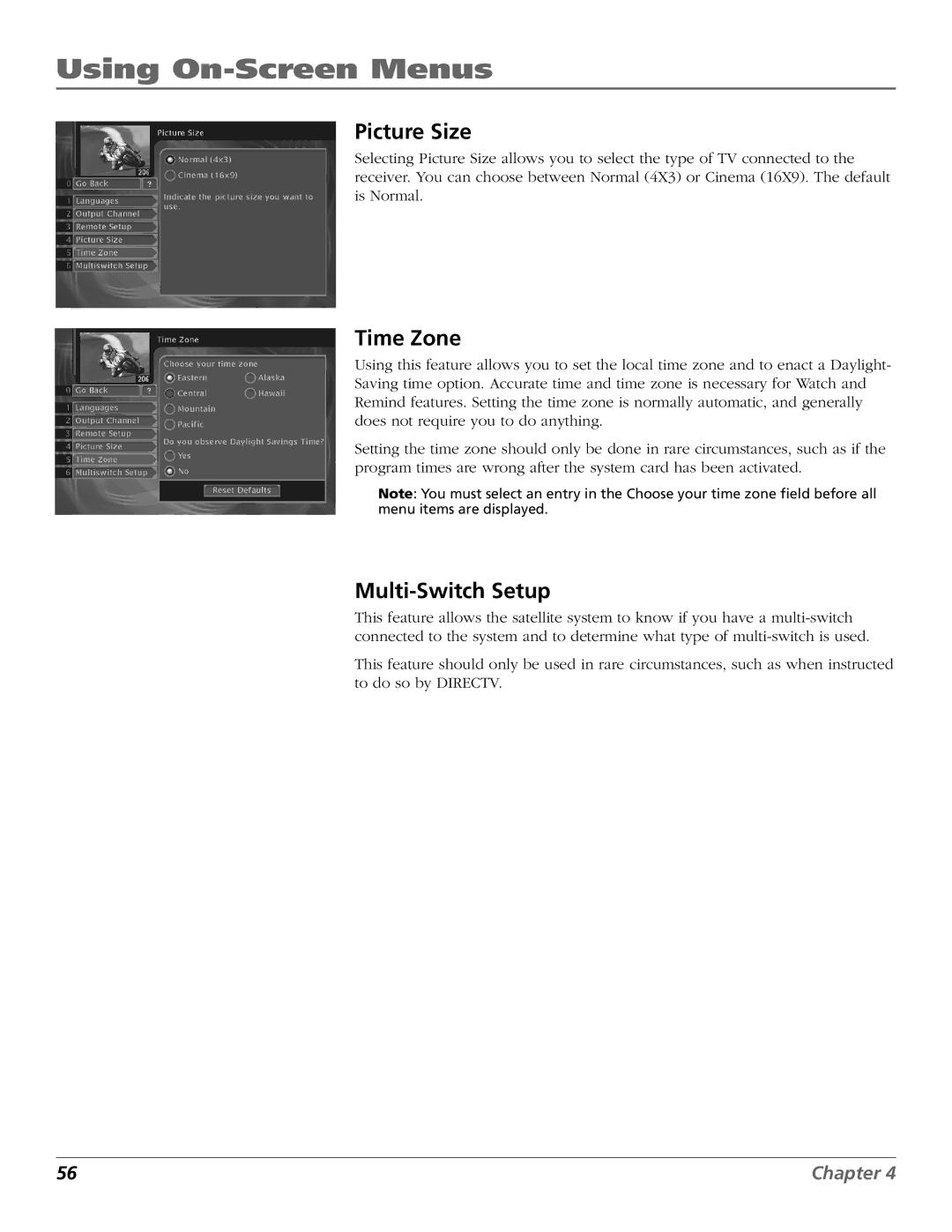 RCA Satellite TV System manual Picture Size, Time Zone, Multi-Switch Setup 