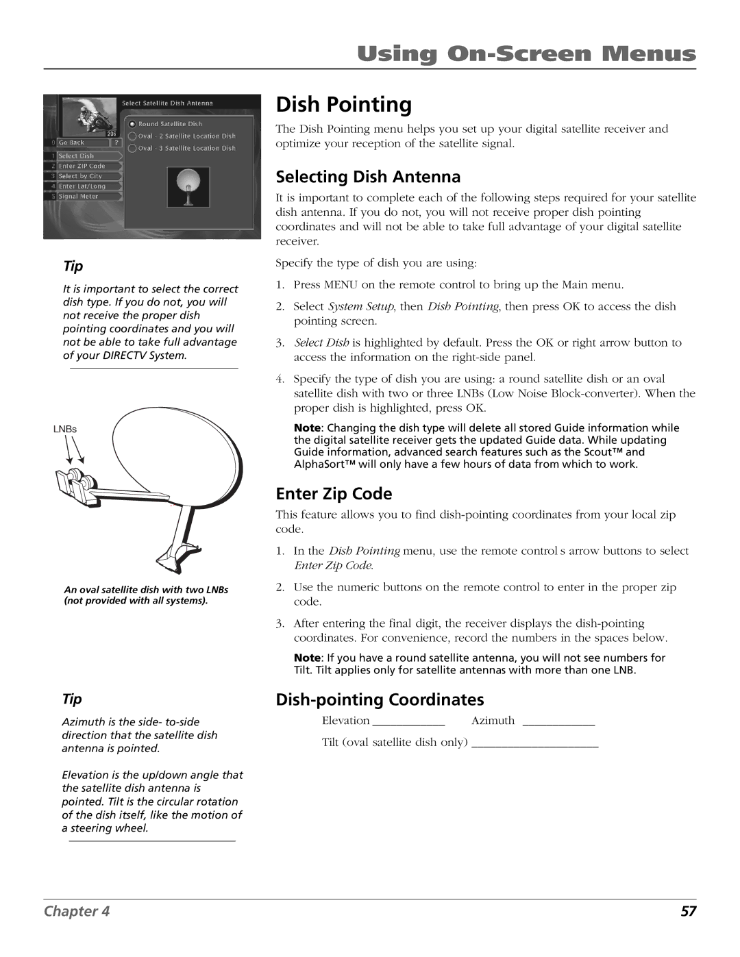 RCA Satellite TV System manual Dish Pointing, Selecting Dish Antenna, Enter Zip Code, Dish-pointing Coordinates 