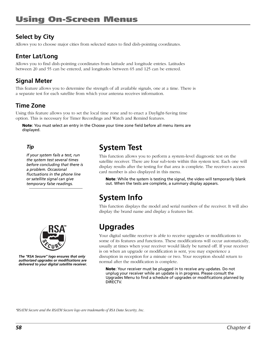RCA Satellite TV System manual System Test, System Info, Upgrades 