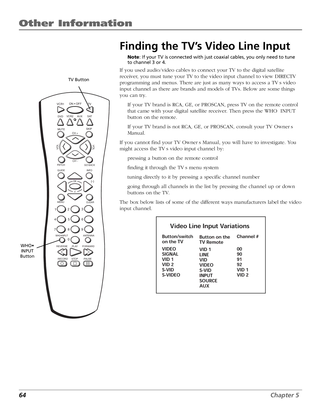 RCA Satellite TV System manual Finding the TV’s Video Line Input, TV Button 