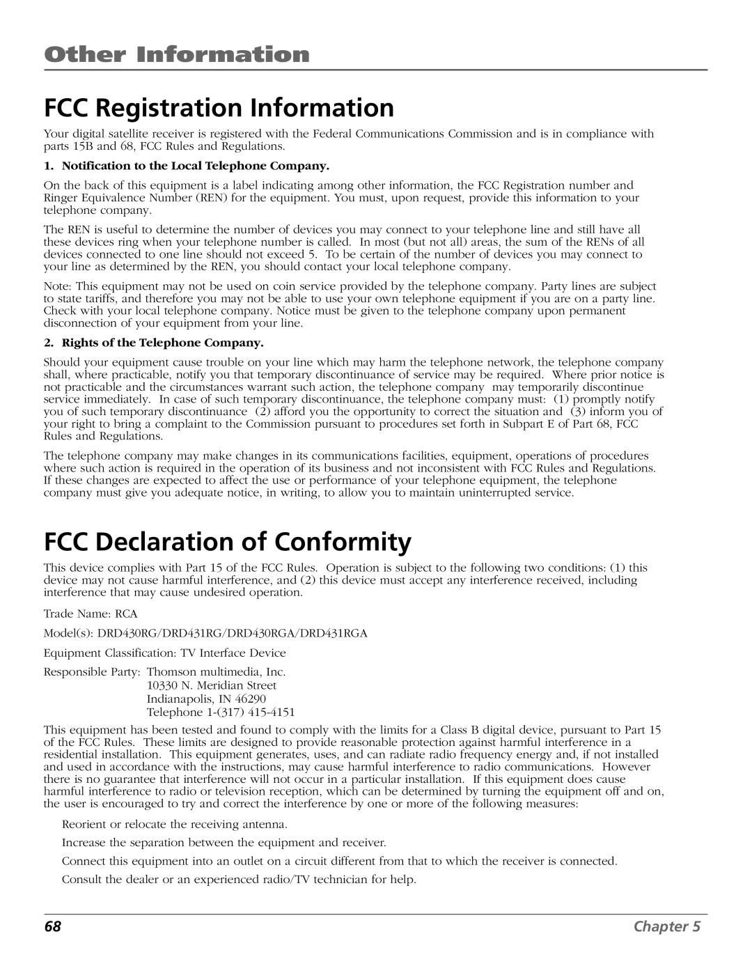 RCA Satellite TV System manual FCC Registration Information, FCC Declaration of Conformity, Rights of the Telephone Company 