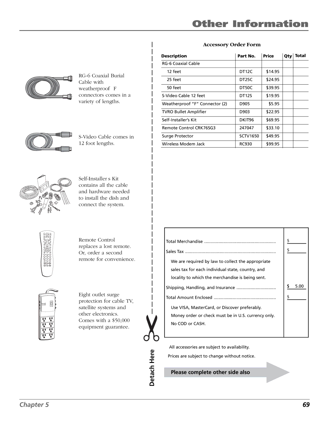 RCA Satellite TV System manual Detach Here, Accessory Order Form 