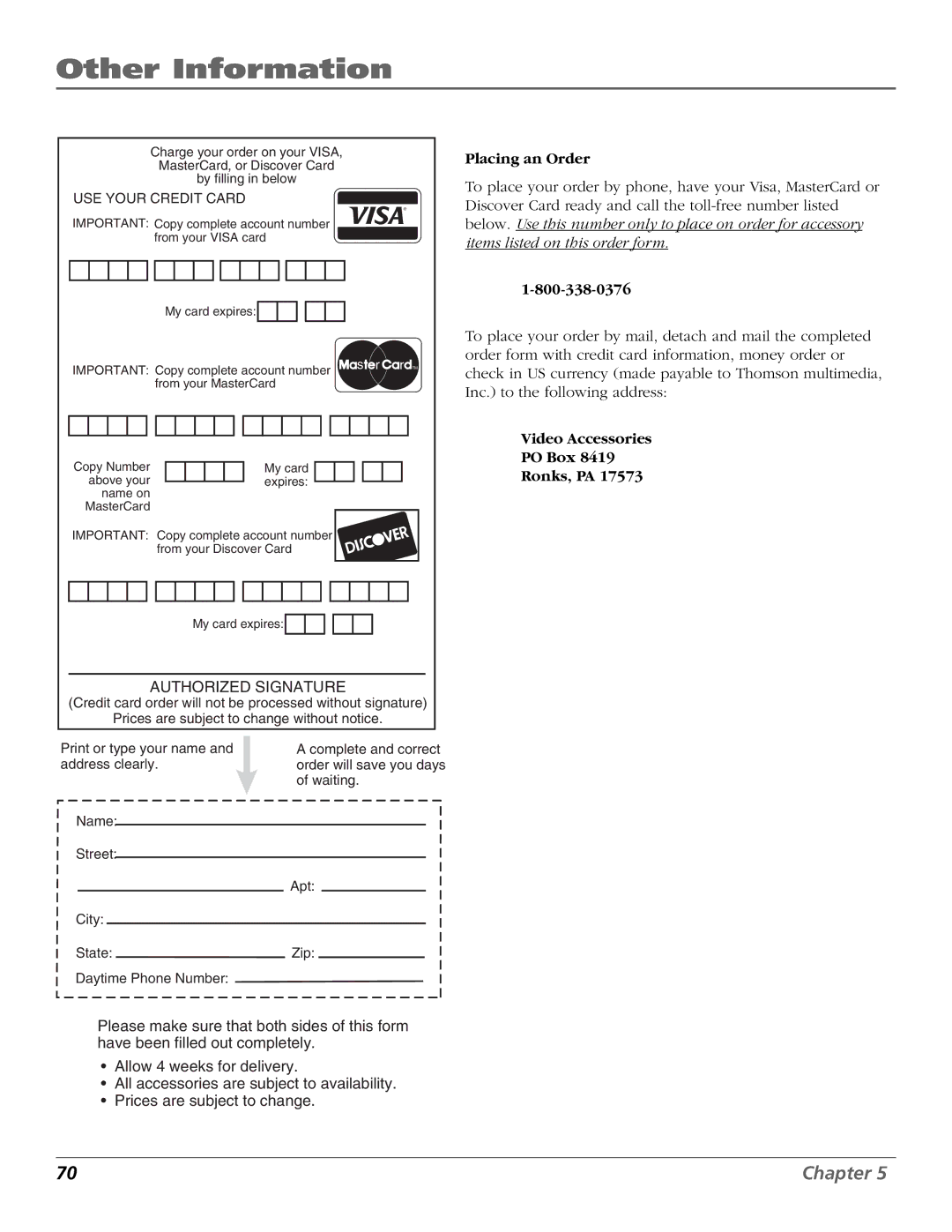 RCA Satellite TV System manual Placing an Order, Video Accessories PO Box Ronks, PA 