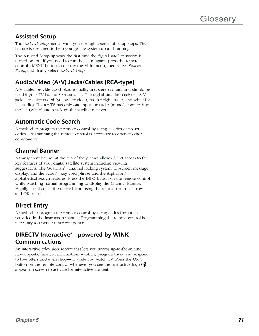 RCA Satellite TV System manual Audio/Video A/V Jacks/Cables RCA-type, Automatic Code Search, Channel Banner 